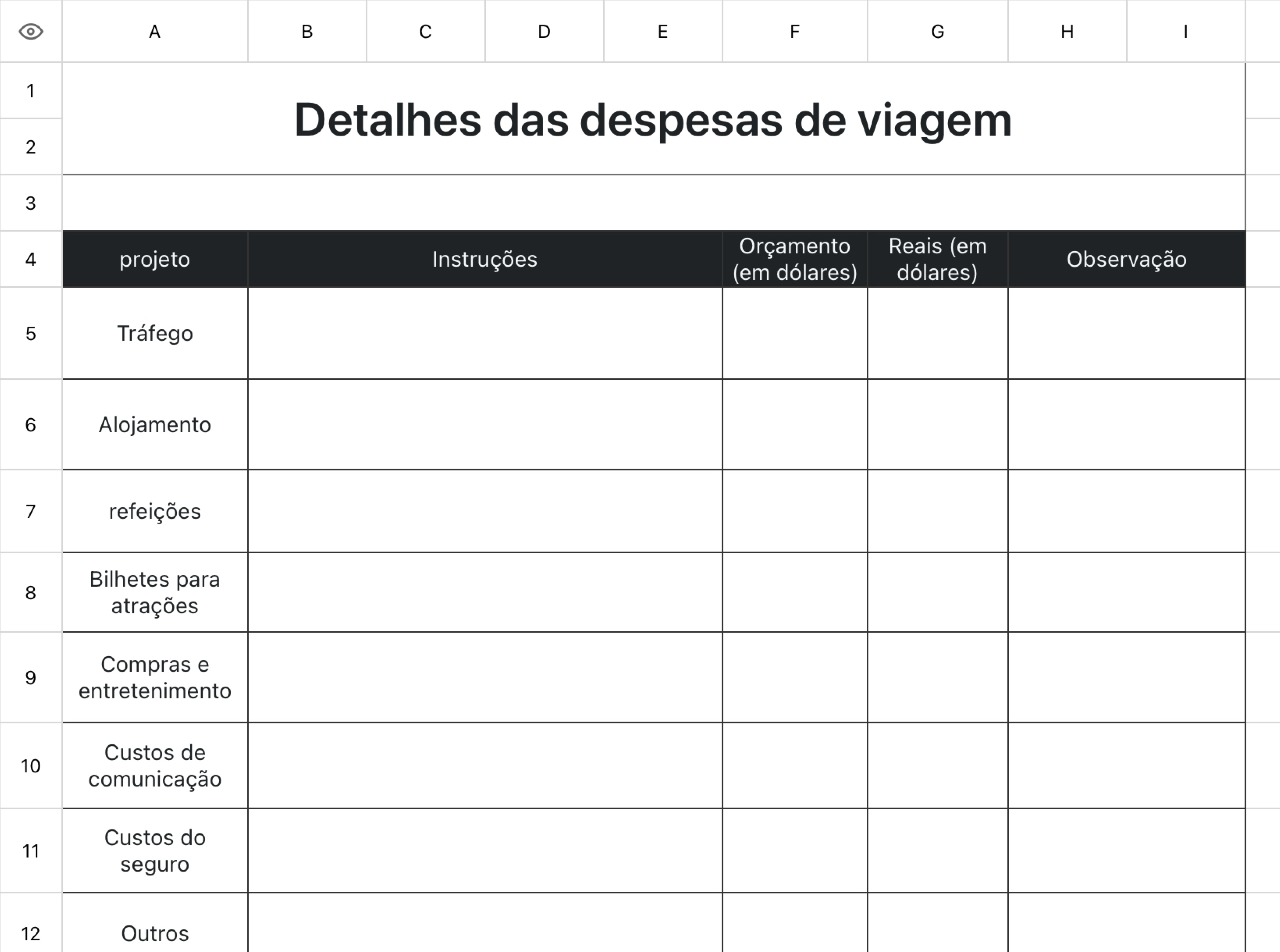 Modelo de tabela de despesas de viagem